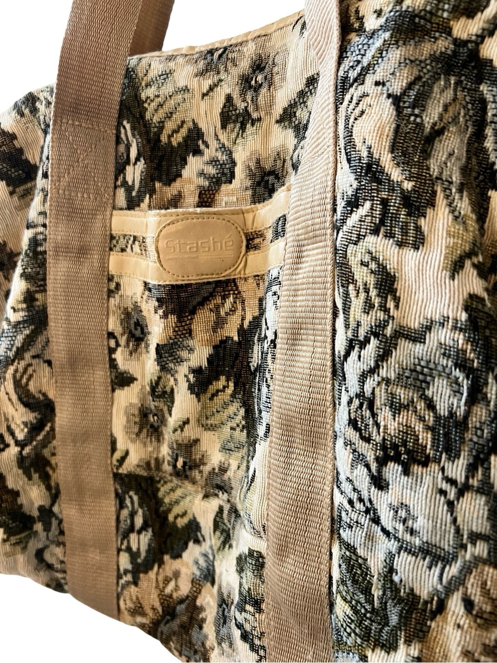Stashe Vintage Tapestry Floral Tote Bag Beige Neutral Carryall Shoulder Bag - Picture 2 of 5